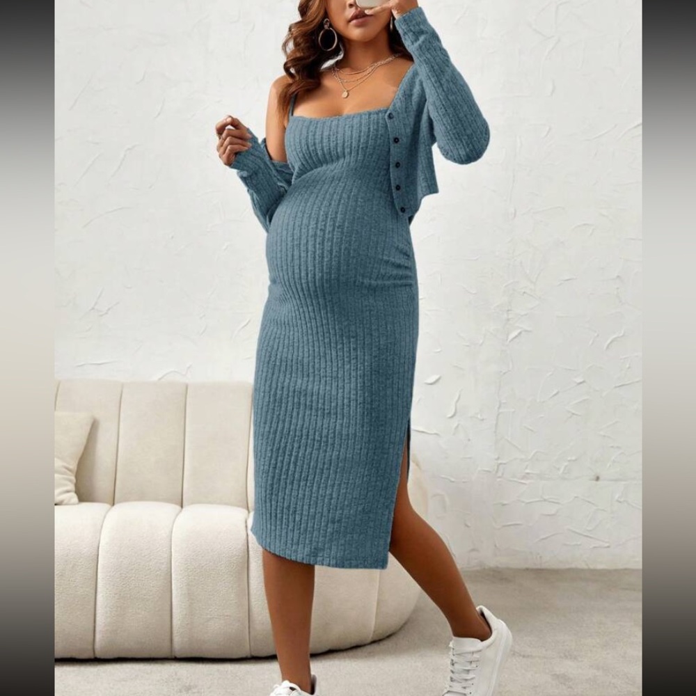 Blue Ribbed Knit Maternity Dress